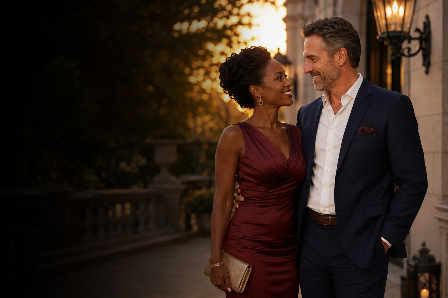 A happy couple enjoying an elegant sunset dinner